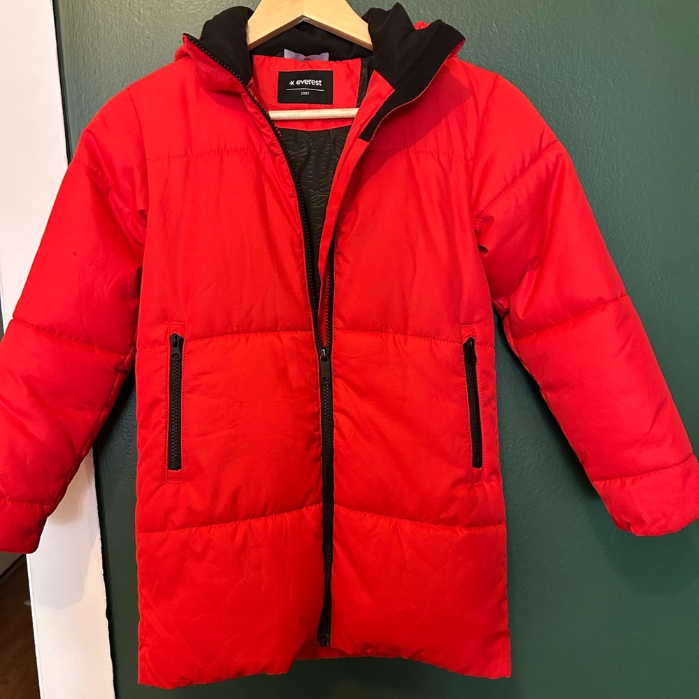 Vibrant Red Mid-Length Puffer Jacket with Hood